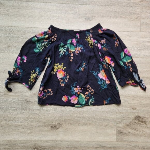 Love Stitch Navy Floral Top Womens Small Tie Sleeves Pink Green Cottagecore - Picture 1 of 8